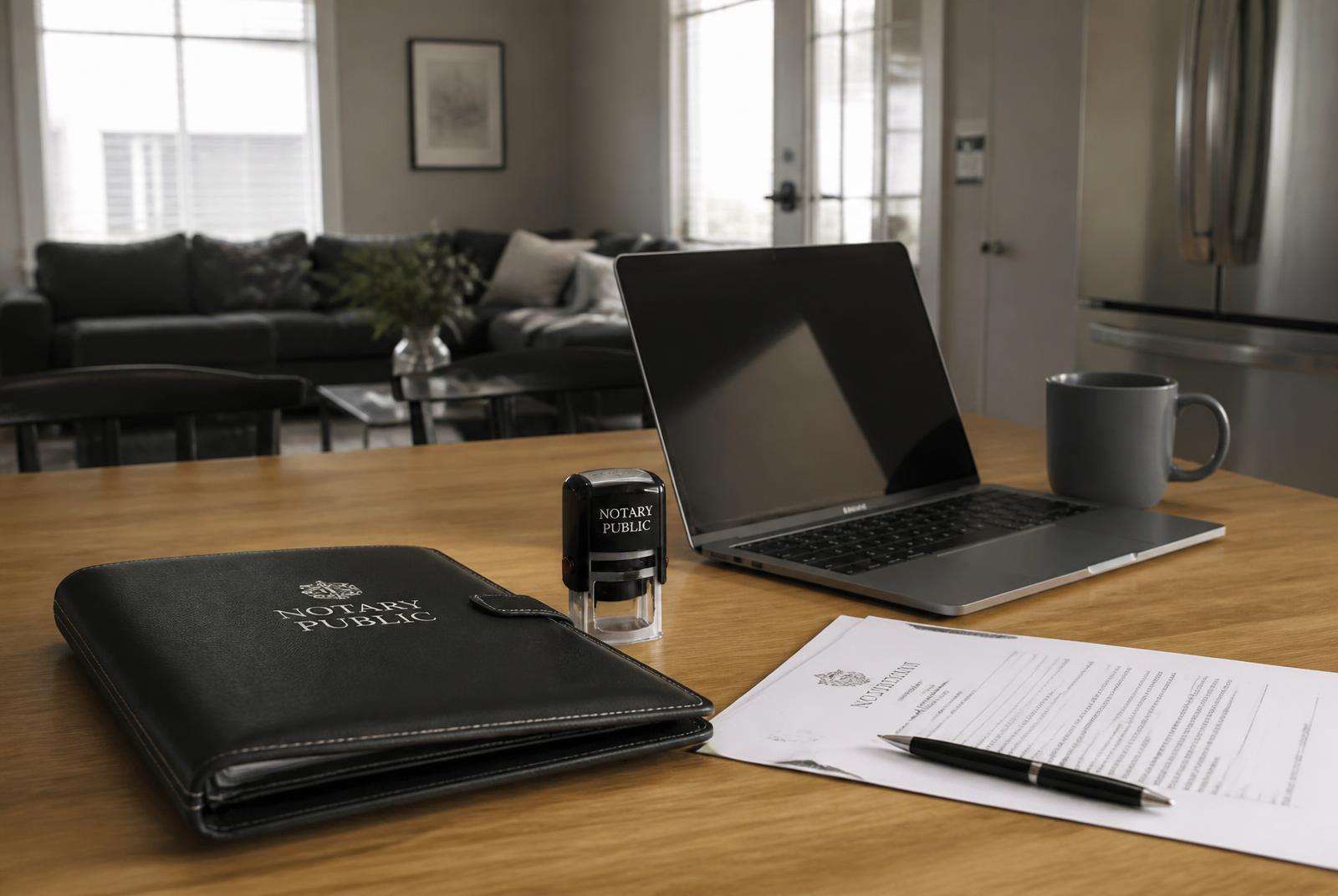 Notary folder, seal and prepared documents ready for a mobile notary services appointment in New Jersey